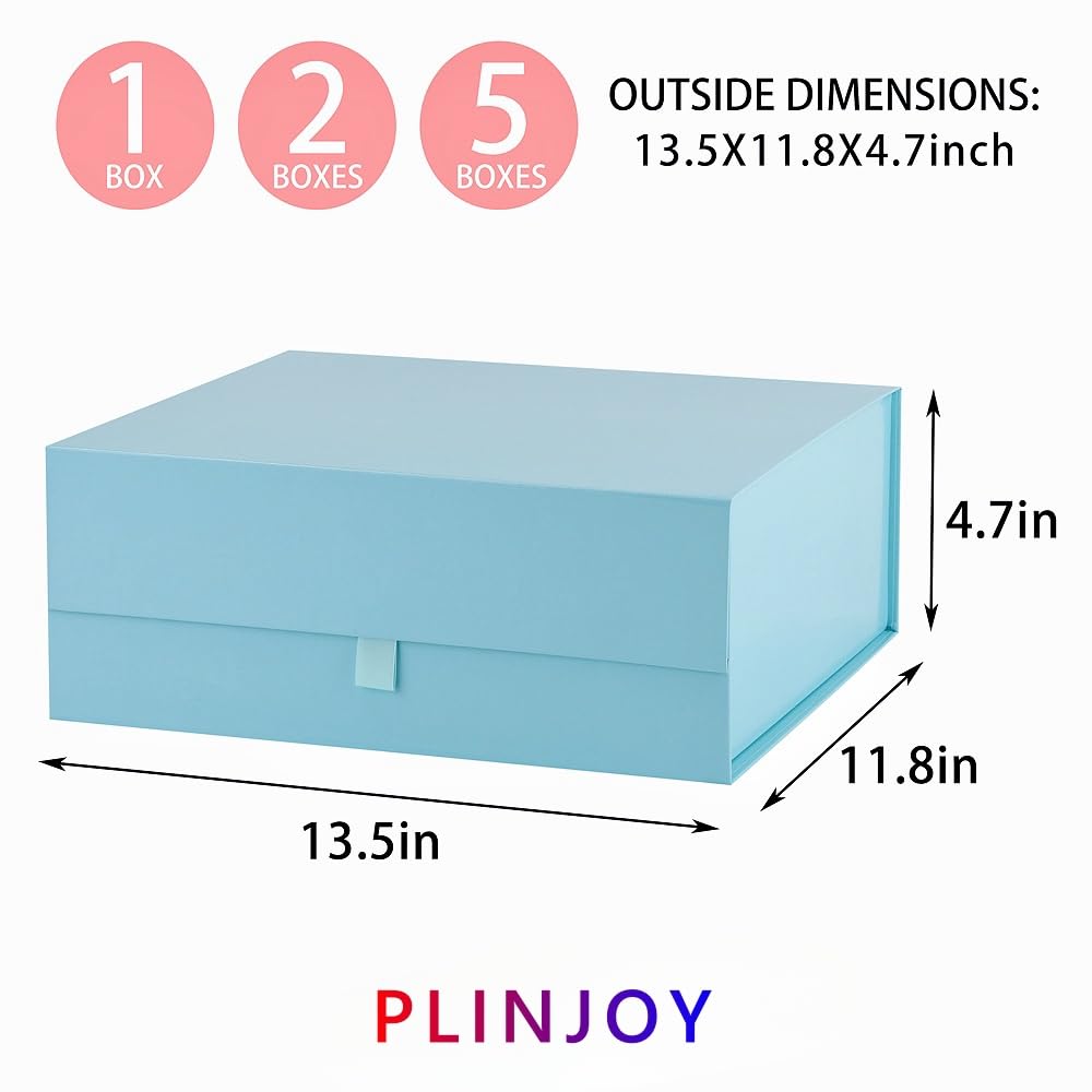 PLINJOY Large Gift Box 13.5x11.8x4.7 Inches, Blue Gift Boxes for Presents with Magnetic Closure Lid, Luxury Gift Box Rectangle Collapsible Boxes for Gift Packaging