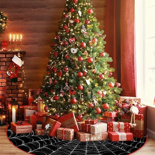 Halloween Tree Skirt Funny Halloween Spider Web Black White Christmas Tree Skirt Carpet Mat Funny Party Decor Supplies for Xmas Christmas Tree Skirt 36"