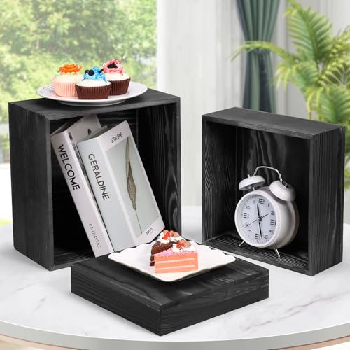 6 Pack Wooden Risers Display Stands Square Food Risers for Buffet Party Rustic Wood Cake & Cupcake Stands Nesting Box Wooden Crates for Display - color: Black