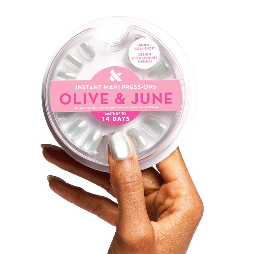 Olive & June Instant Mani Press-On Nails (Glue) | 42 Fake Nails, 21 Sizes | Non-Toxic, Long-Lasting Recycled Materials | Spring Flowers & Patterns | Extra Short, Round | Sheer Lavender Shimmer