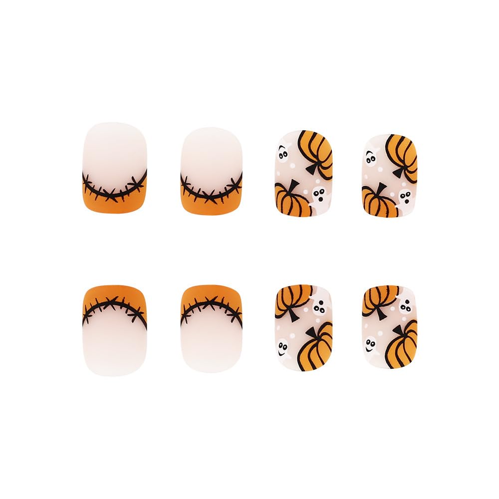 Halloween Press on Nails Short Square Fake Nails Orange Matte Acrylic Nail with Pumpkin Ghost Designs Glue on Nails French Tips False Nail Stick on Nail for Women 24Pcs