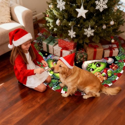 Christmas Tree Skirt 48 Inch, Cute Christmas Cartoon Xmas Tree Skirt Holly Wreath Star Candy Cane Edge Winter Holiday Party Decorations for Christmas Tree Base