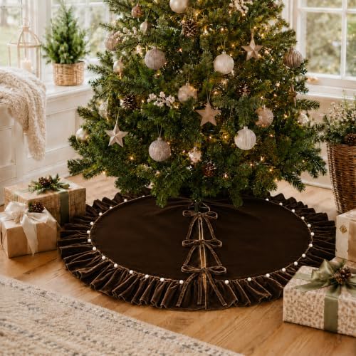 Christmas Tree Skirt,Velvet Tree Skirt with Ruffled Edge with Pearls, Classic Large Velvet Fur Plush Tree Skirt for Merry Christmas(Brown,36Inch)