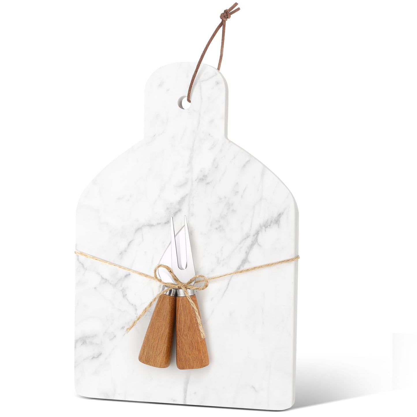 Patelai Marble Cutting Board Set of 3, White Cheese Board Charcuterie Chopping with Knife Fork 12 x 8 x 0.5 in Stone Serving Tray Slab with Handle for Kitchen Pastry Meat Fruit Housewarming Gift
