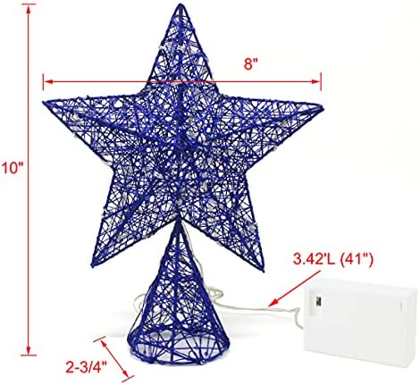 CVHOMEDECO. Blue Tree Top Star with Warm White LED Lights and Timer for Christmas Ornaments and Holiday Seasonal Décor, 8 x 10 Inch