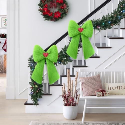Soulchen 2 Pcs Extra Large Green Christmas Bows Ornaments 23.6" x 13.8" Lime Green Plush Christmas Tree Topper Decorations Furry Xmas Tree Topper for Wreath Door Window Fireplace Staircase Decor