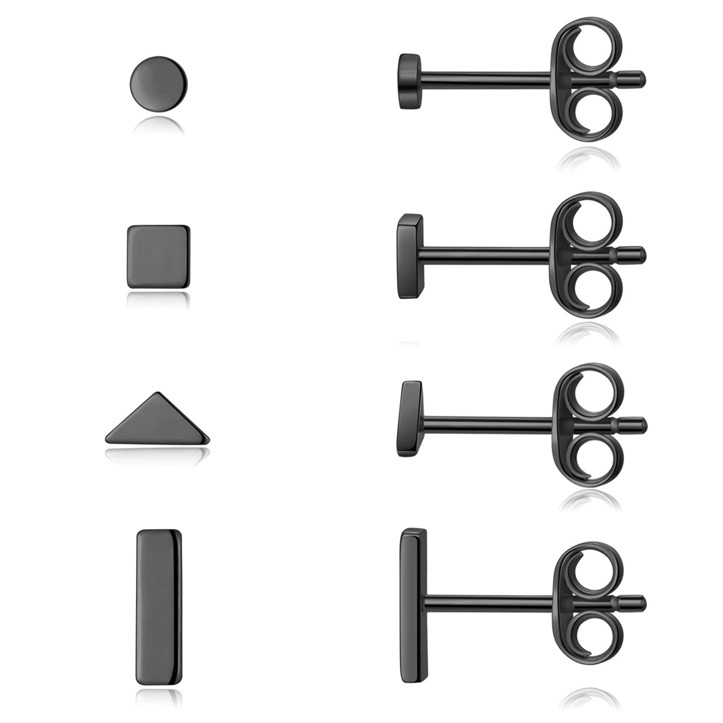 Sterling Silver Stud Earrings for Women Men- 4 Pairs of Hypoallergenic Simple Geometric Small Stud Earring Set Tiny Circle Triangle Square Bar Stud Earrings Mini Cartilage Tragus Earrings(Black Gold)