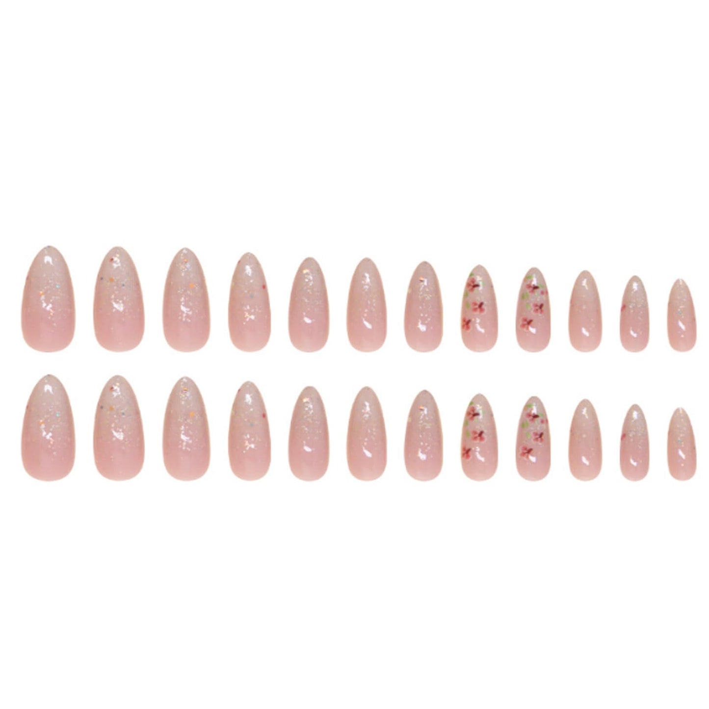 Hkanlre Gradient Pink Fake Nails Tips Bling Press on Nails Full Cover Almond False Medium Nails for Women 24PCS