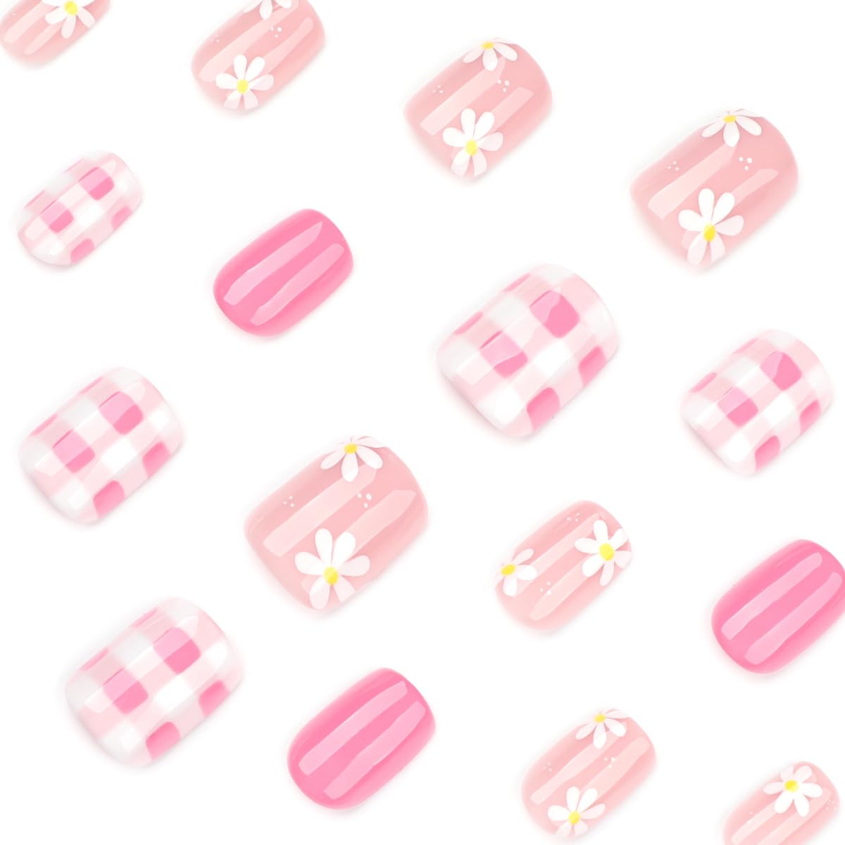 Spring Summer Pink Press on Nails witn Flower & Checkered Design - Short Square Fake Nails Full Cover Glossy Stick on Nails for Women 24PCS