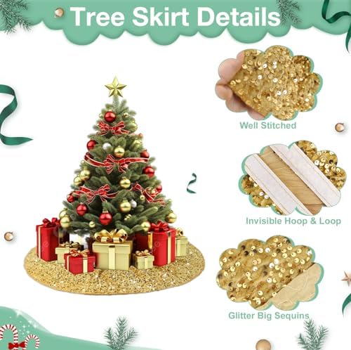 Small Gold Christmas Tree Skirt 21 Inches Glittery Sequin Tree Skirt Round Mini Tree Base Cover with Gold Sequins Tree Skirts Christmas Pencil Tree Skirt for 4ft Xmas Tree Home Decoration