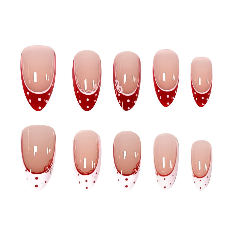 24Pcs Red French Polka Dot Press on Nails Medium Almond Fake Nails with Lace Designs White Tip Bow False Nail for Women Glossy Full Cover Stick on Nails Nude Pink Acrylic Nail Manicure Kit