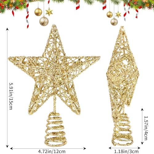 FOIMAS Christmas Star Tree Toppers, 5 Inch Gold Glitter Star Tree Topper Metal Hollow Treetop for Small Christmas Tree Indoor Party Home Decoration