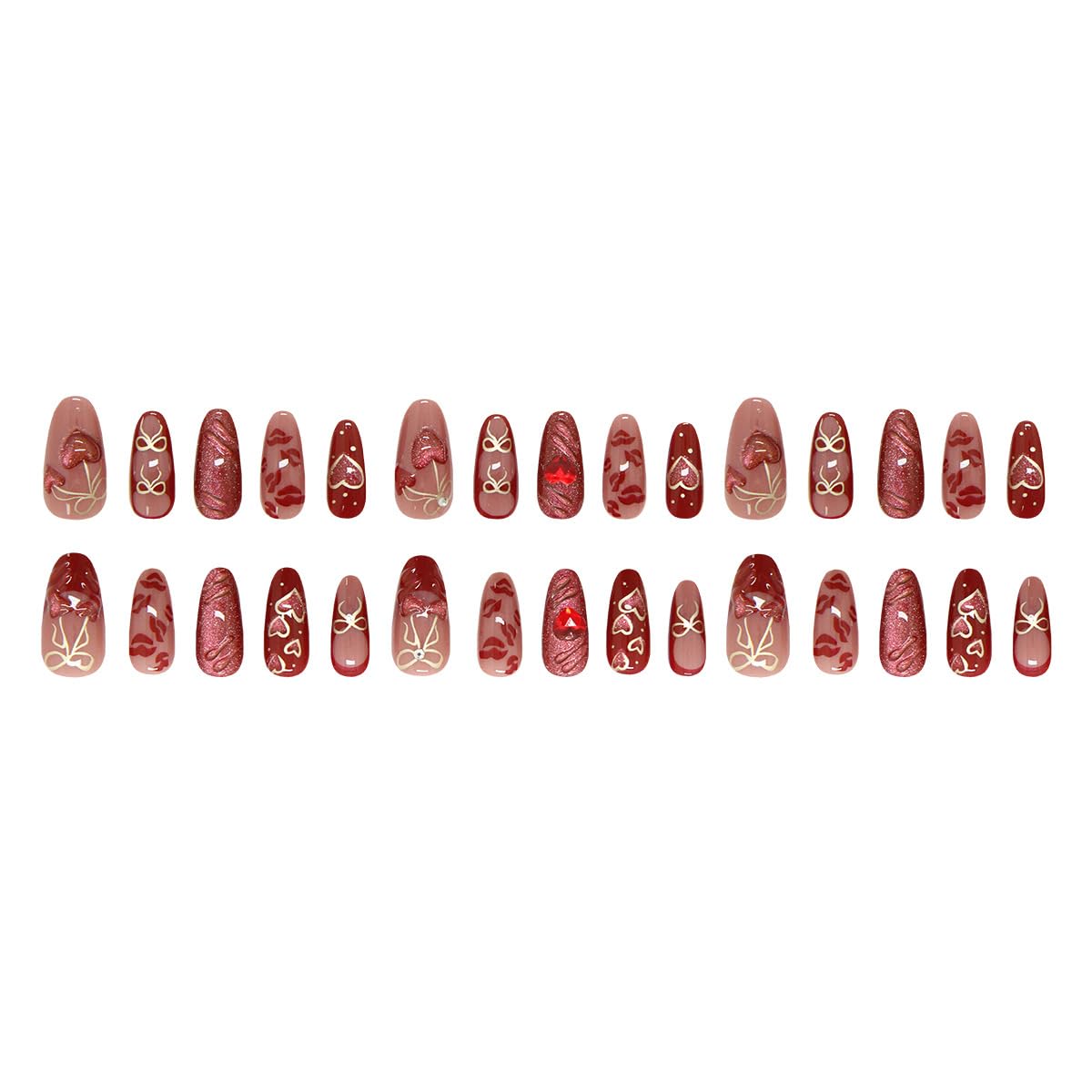 Mkwntg 30pcs Red Heart Press-On Nails with 3D Cherry Heart Rhinestones, Gold Bow Design, Full Cover, Easy Application, Valentines Nails
