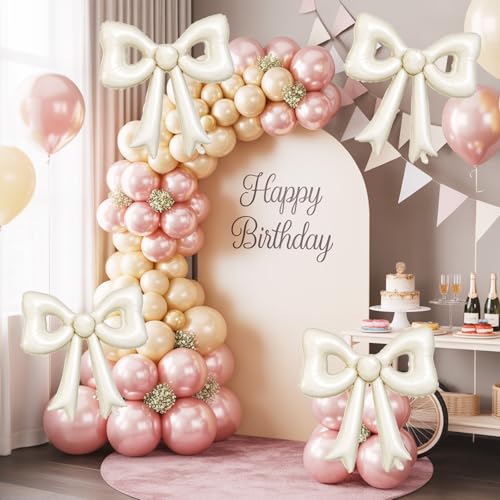 6 Pcs Cream Bow Balloons, 30 Inch Beige Bow Foil Balloon, Cream White Cutout Balloons, for Girls Women Wedding Engagement Bridal Valentine’s Day Proposal Baby Shower Birthday Party Decorations - style: Hollow Bow Cream