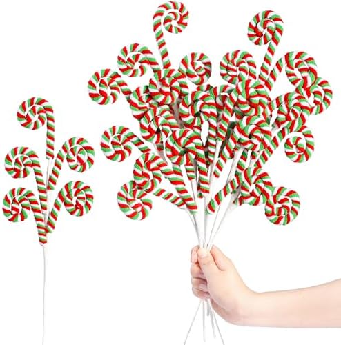 Sggvecsy 6 Pcs Christmas Tree Decoration Woolen Bells Candy Cane Shape Picks Lollipop Curly Pick Ornaments Xmas Tree Topper for Party Vase Filler Home Office Decor (Green)