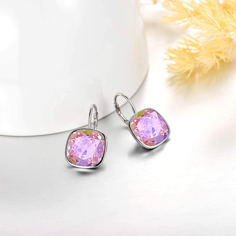 AOBOCO Sterling Silver Leverback Earrings Embellished with Crystals from Austria, Hypoallergenic Cushion Cut Square Crystal Earrings, Fine Anniversary Birthday Jewelry Gifts for Women (Fantasy Pink-10mm)