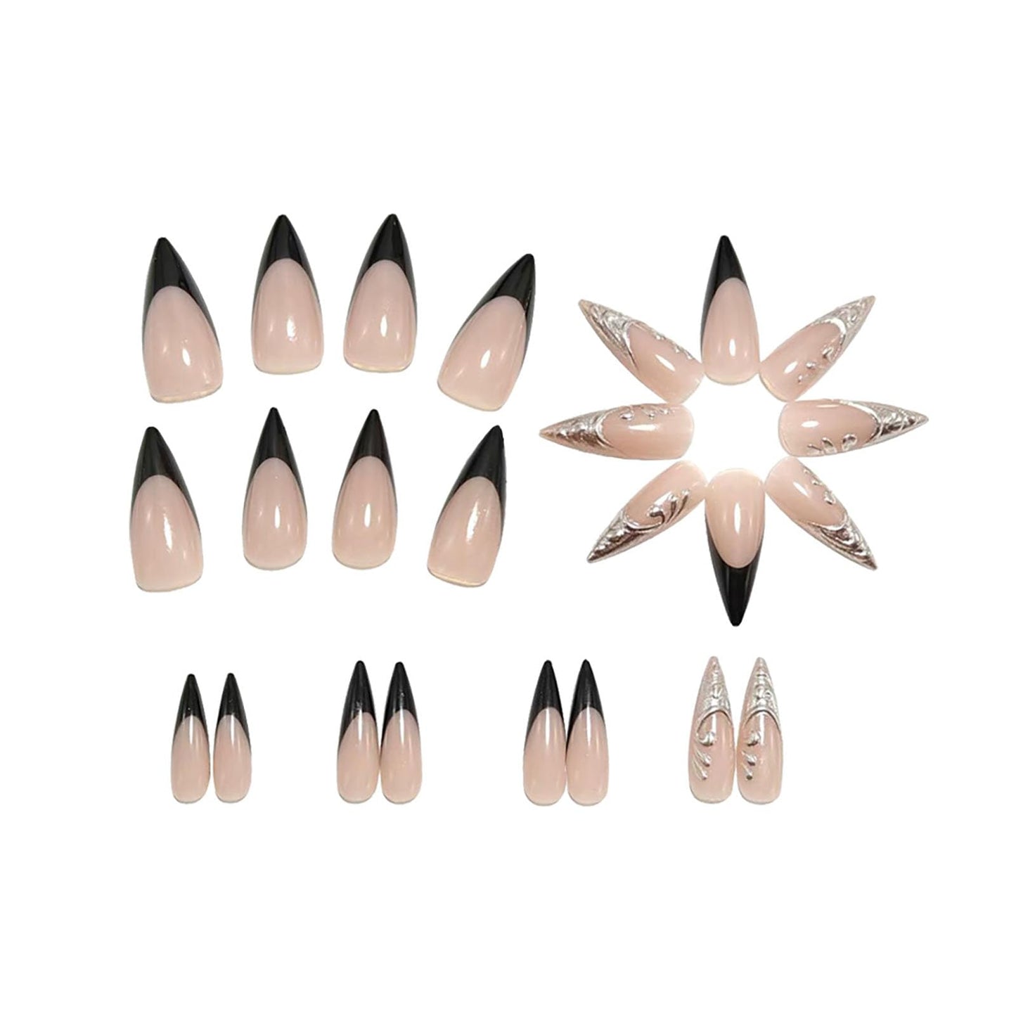 RUOKEXIN Long Press on Nails Almond Fake Nails French Tip False Nails with 3D Silver Glitter Designs Stiletto Nail Press ons Sparkly Artificial Nails for Women 24Pcs