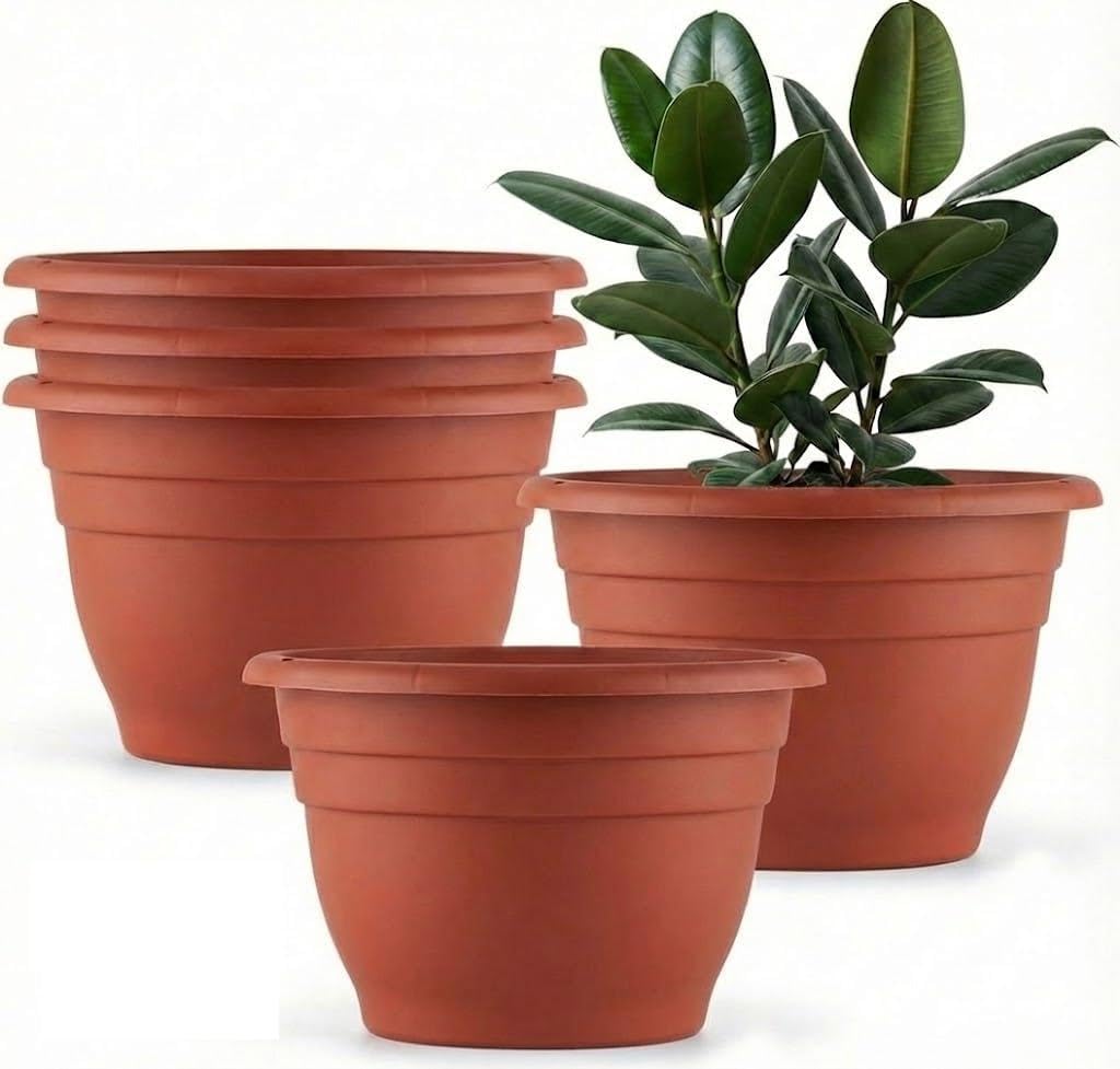 RooTrimmer 5 Pack 10 Inch Plant Pots Lightweight Planters with Drainage Holes,Durable Indoor & Outdoor Flower Pots for Garden,Patio & Home Decor(Pottery Red)
