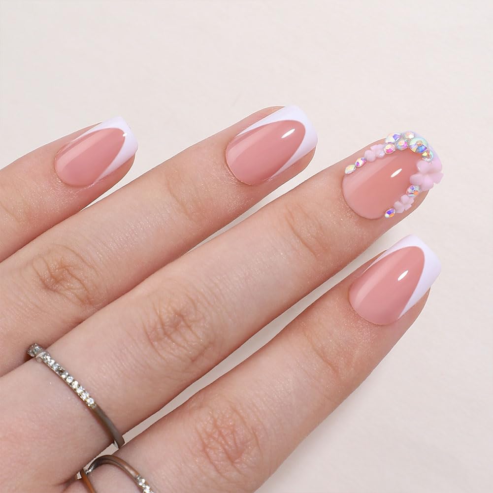 WAFOLOZE White French Tip Press On Nails - Short Square Fake Nails With Rhinestone & Flower Designs, 16 Sizes - 32pc False Nails Tips Kit, Stick On Nails