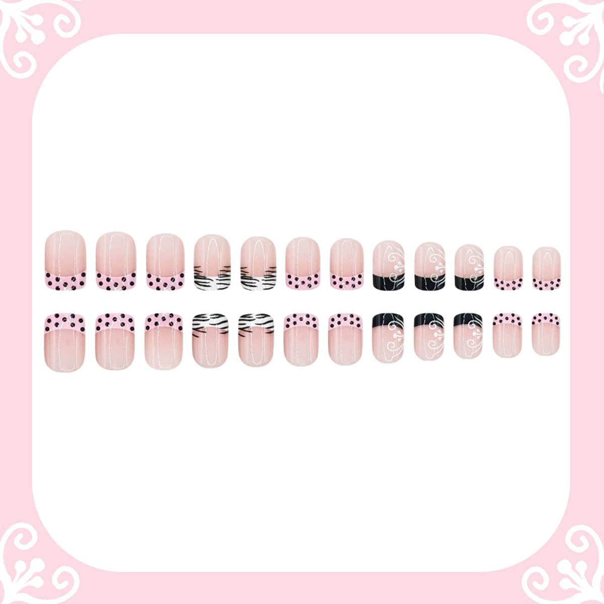 Short Square Press on Nails French Tip Fake Nails with Zebra Print Design Black Polka Dot False Nails Press ons Nude Base Acrylic Glue on Nails for Women Manicure 24Pcs