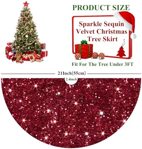 Christmas Tree Skirt Burgundy Velvet Tree Skirt Small Sequined Tree Skirts 21 Inch Mini Sequin Glitter Tree Cover Mats Metallic Tree Ornaments for Silm Tree Maroon Skirt Tree Burgundy Christmas Decor
