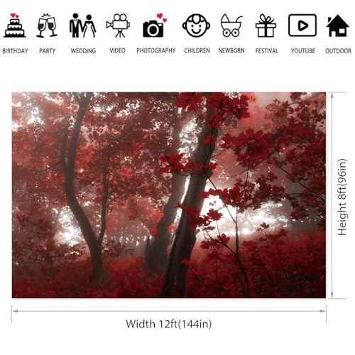 12x8ft Fall Maple Leaves Backdrop Autumn Scenery Misty Red Maple Forest Photography Background Natural Landscape Maple Trees Thanksgiving Party Kids Adults Travel Decor Banner Photo Props - size: 12x8ft