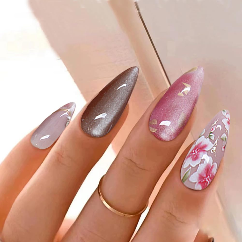 24Pcs Medium Almond Press on Nails Reusable Pink Acrylic False Nails Full Cover Glossy With Flowers Designs And Pearl Design Fake Fingernails Tips Almond Shape Artificial Fale Nail Kit Women Girls