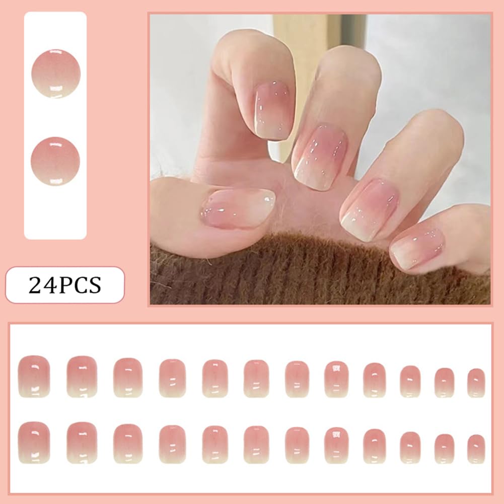 24Pcs Acrylic Press on Nails Short Square RUPOFUZA Fake False Nails with Pink Ombre Press ons Designs Nail Press on Artificial Stick on Nail for Women