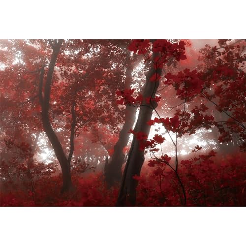 10x7ft Fall Maple Leaves Backdrop Autumn Scenery Misty Red Maple Forest Photography Background Natural Landscape Maple Trees Thanksgiving Party Kids Adults Travel Decor Banner Photo Props - size: 10x7ft
