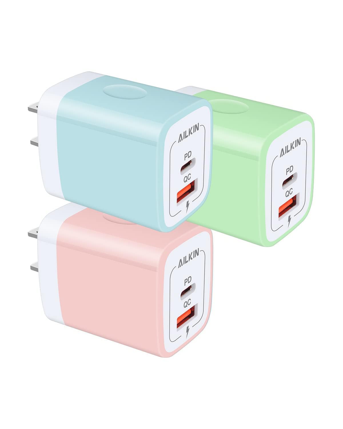 3pack Dual Port USB C Power Adapter, Usbc Pd 3.0 with USB A Qc 3.0 Fast Charging Block for Apple iPhone, Samsung Galaxy, Google Pixel, Moto, Kindle Fire, Ps5, Earbuds, Watches, Wireless Pad Brick Box