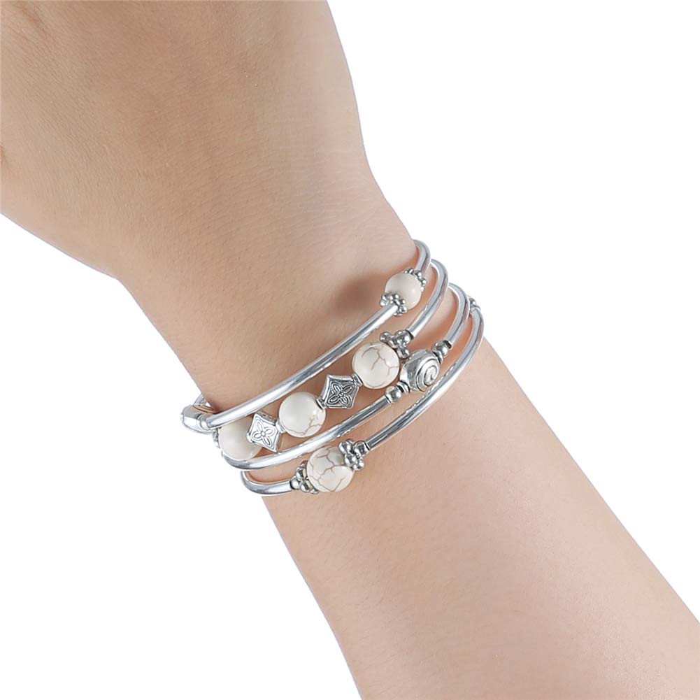 Beaded Pearl Bangle Wrap Bracelet - Fashion Bohemian Jewelry Multilayer Charm Bracelet with Thick Silver Metal Beads, Gift For Women(White Turquoise)