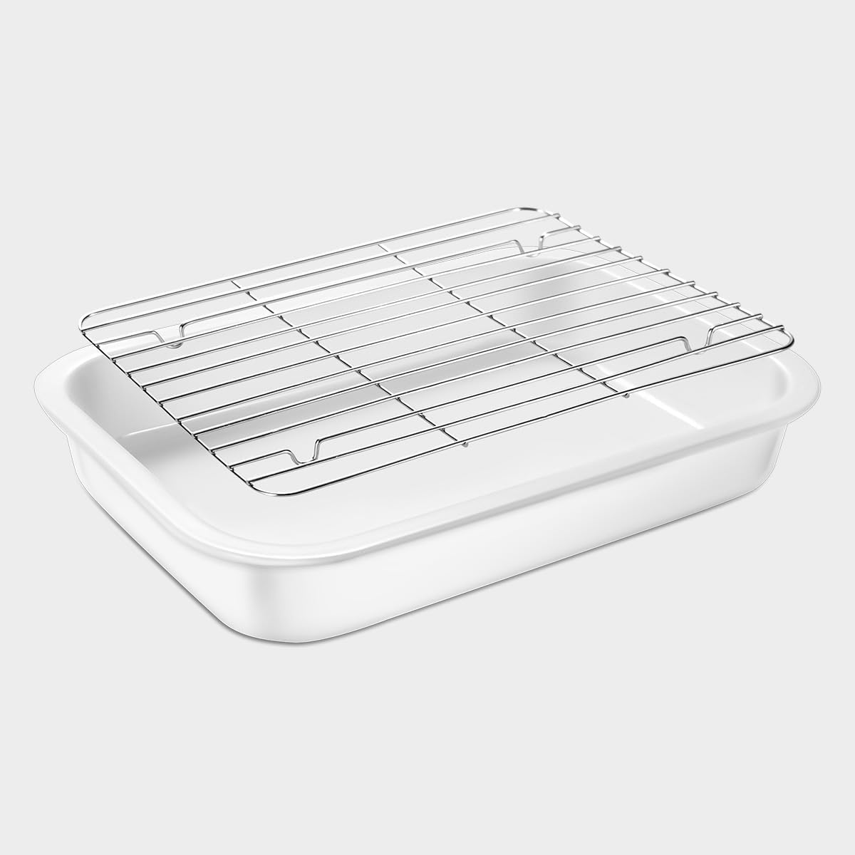 Wagensteiger Ceramic Roasting Pan, Baking Dish with Stainless Steel Rack, Non Stick Chicken Roaster Pan, Microwave or Conventional Oven Cooking, Food Prep Tools, White Color (White, 2.94 Quarts)