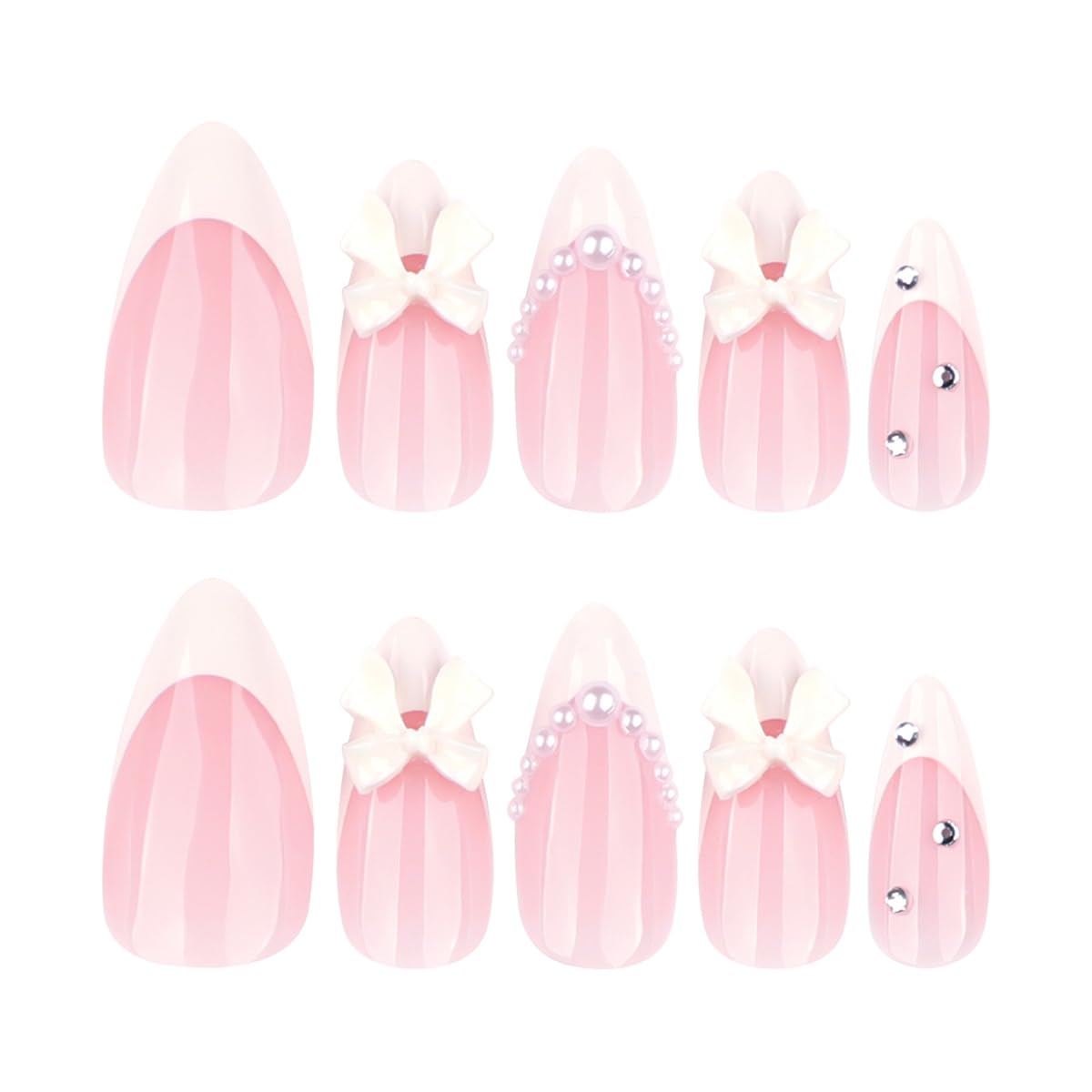 24Pcs French Tip Press On Nails Almond Shape Medium Fake Nails with 3D White Bow & Pearl Designs Pink White Full Cover Glue On Nails Reusable Acrylic False Nails for Women Manicure Decoration