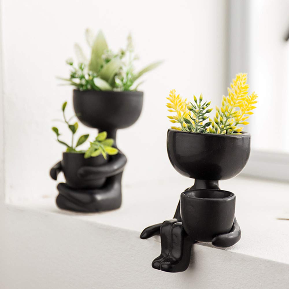 DIYOMR Humanoid Ceramic Flower Pot Succulent Cactus Bonsai Planter Pots Container, Ceramic Crafts Vase Home Office Decoration Desk Window Sill Decor,Not Include Plants (Black-B)