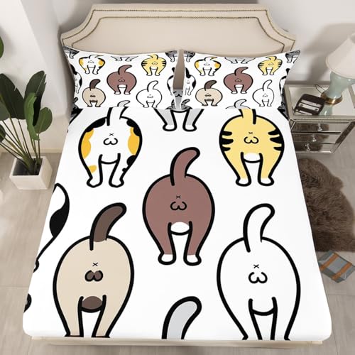 Manfei Lovely Cat Fitted Sheet Cute Kitten Butt of Cat Doodle Bedding Set 3pcs for Kids Boys Animal Theme Sheet Set Soft Polyester Bed Sheets (1 Fitted Sheet + 2 Pillow Cases) Full Size - color: Multi 993, size: Full (54*75*16")