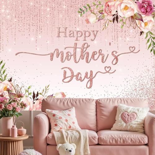 Mocsicka Happy Mother's Day Backdrop Floral Golden Dots Mothers Day Birthday Photography Background for Women Vinyl Thanks Mother's Day Photo Booth Props (8x6ft) - size: 8x6ft