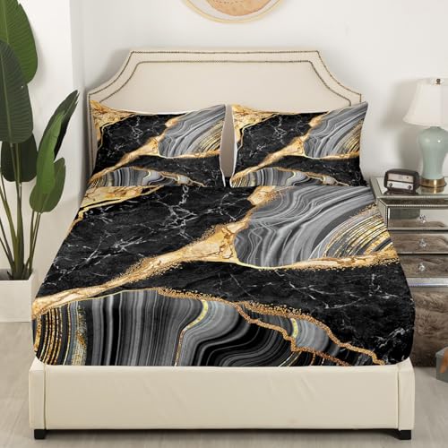 Black Marble Fitted Sheet Gold Metallic Marble Design Bedding Set Abstract Marble Texture Bed Sheet Set Modern Grey Gold Bed Cover Golden Streaks 3Pcs with 2 Pillow Case Queen Size - color: Multi Aa01, size: Queen