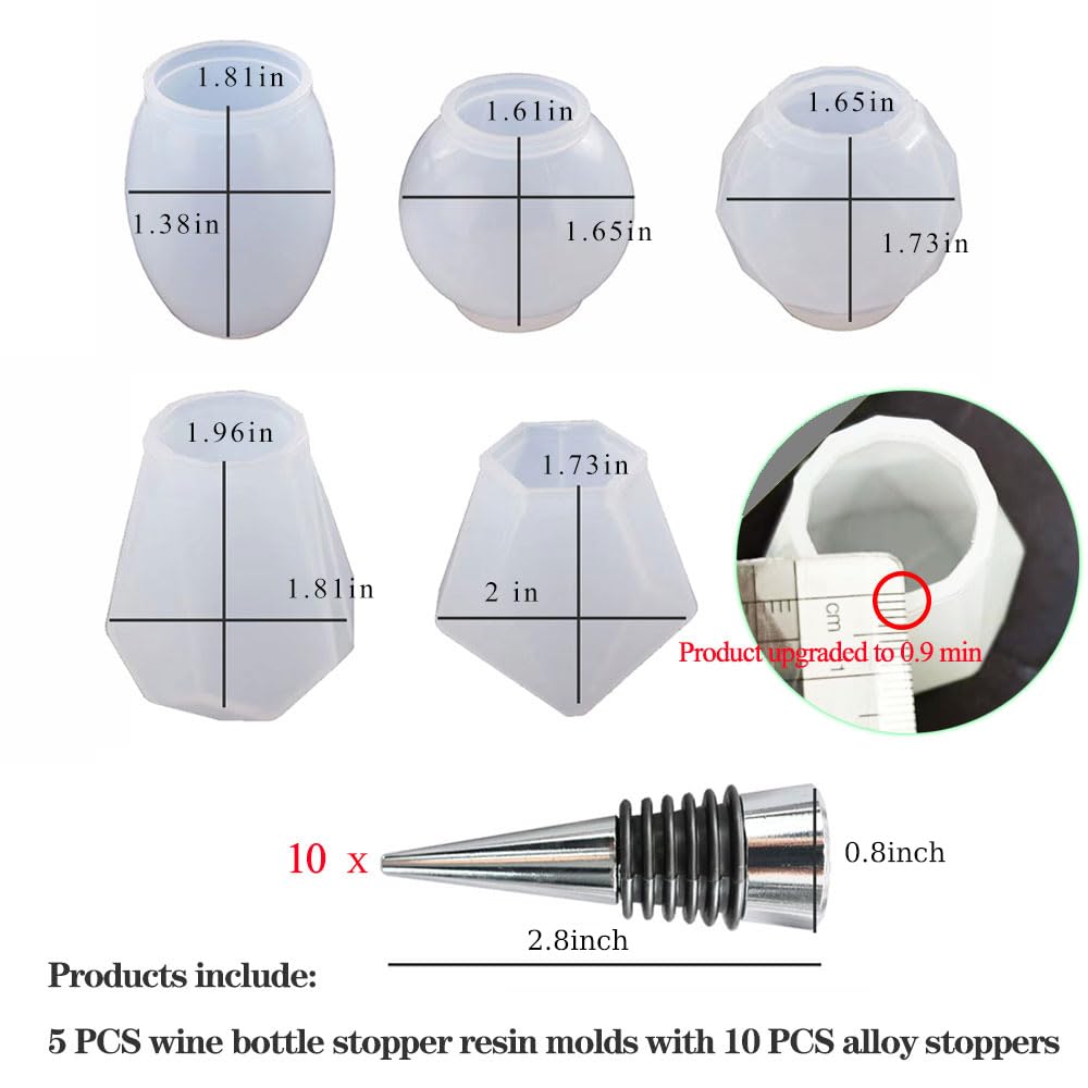 JIOFAVIU 15 Pcs Resin Wine Bottle Stopper Molds Set, Wine Stopper Silicone Molds for Epoxy Resin (5 Molds and 10 Stoppers)