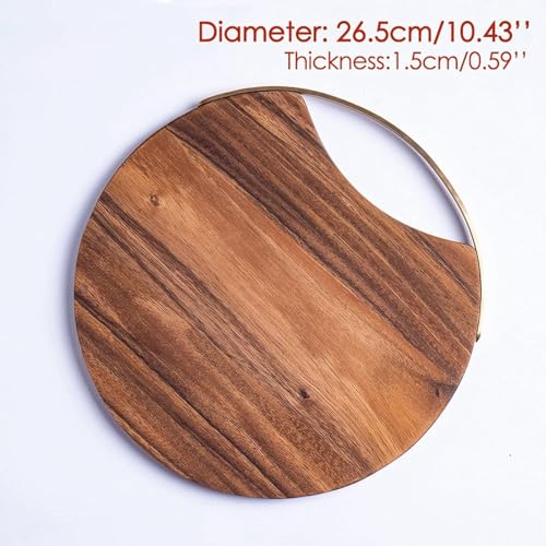 Round Wooden Cutting Board with Handle, Retro Style Pizza, Sushi, Bread Serving Tray, Kitchen Photography Prop 26.5cm