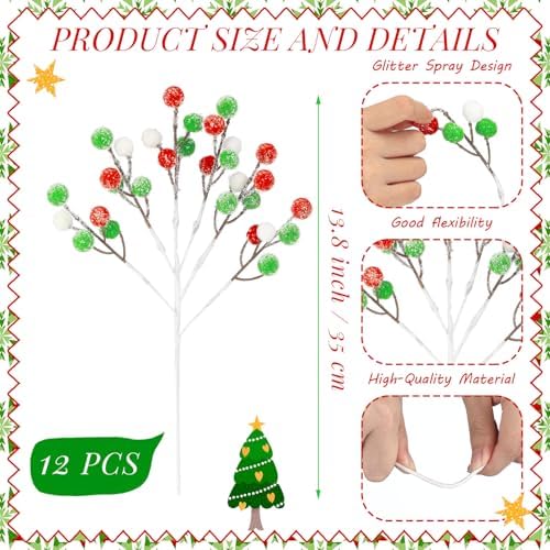 Norme 12 Pcs Christmas Tree Picks Fresh Style, 13.8" Red Green Glitter