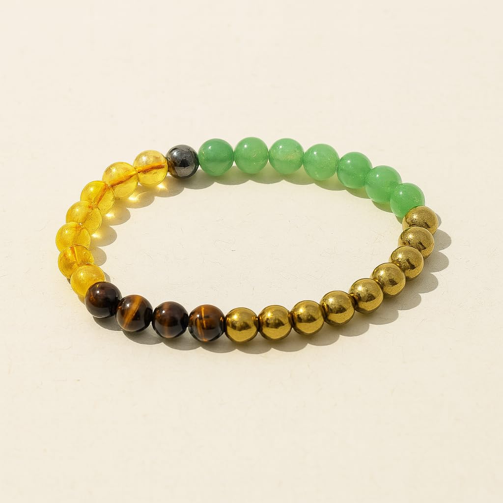 PRECIOUS PEBBLE Wealth & Confidence Bracelet for Men & Women, Natural Pyrite, Green Aventurine, Hematite & Citrine Beads – 8mm Adjustable Stone Bracelets for Focus, Style, Clarity & Everyday Wear