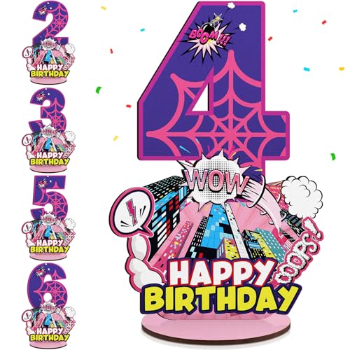 Baderke Pink Spider Theme Birthday Number Sign 16.7'' Purple Spider Birthday Centerpiece for Party Decor Wooden Table Photo Prop(4th) - style: 4th
