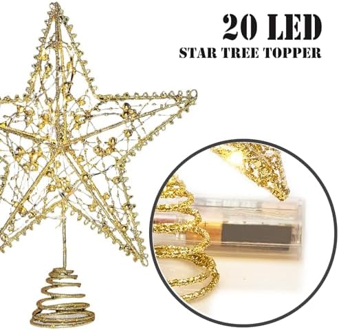 Emopeak Iron Art 20 LED Christmas Tree Topper, 8 x 10Inch Indoor Outdoor Star Treetop Light Two Modes (Keep Light ON/Flash) for 1.5Ft to 9Ft Christmas Tree (Gold, 8 x 10 Inch)