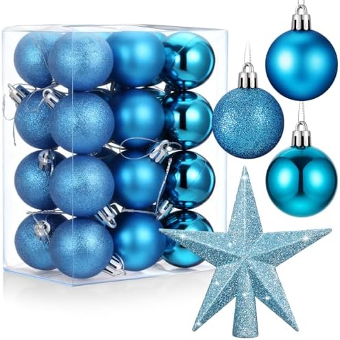 RoundFunny 25 Pcs Mini Christmas Balls Ornaments Set 1.57 Inch Christmas Day Ball Topper Star Tree Hanging Ornaments for Party(Lake Blue)