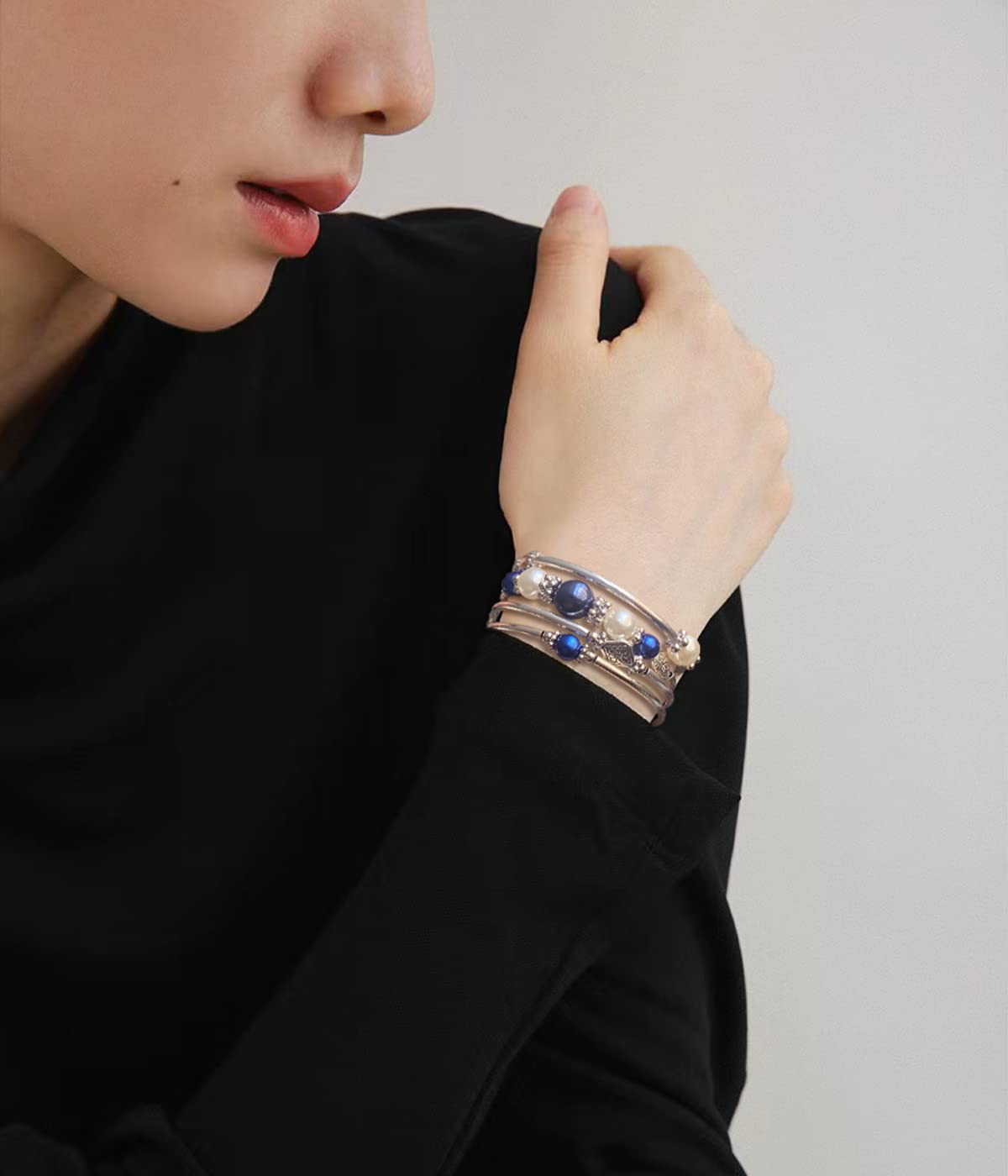 FULU AUTUMN Beaded Pearl Bangle Bracelets for Women Silver Wrap Bangles Bracelet Womens Costume Jewelry Fashion Gift(18-Blue)