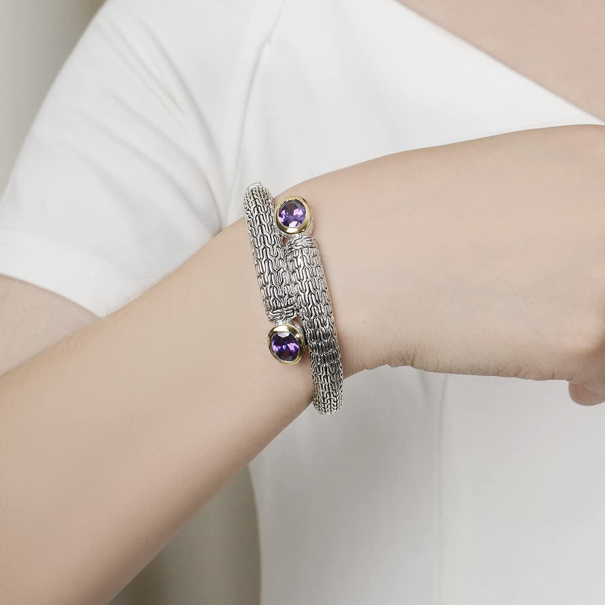 UNY JEWEL Jewelry Multi Strand Foxtail Chain Woven Pattern Inlay 8 by 10 Oval CZ Vintage Antique Two Tone Elegant Designer Inspired Unique Box Tongue Clasp Bangle (Red)