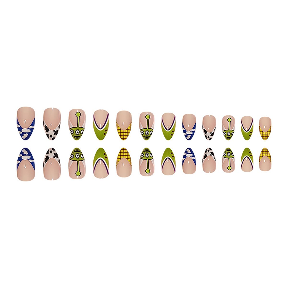 24Pcs Halloween Press on Nails Medium Almond Fake Nails with Cute Cartoon Pattern Design Reusable False Nails Kit French Tip Nails Press ons Artificial Nail Cute Funny Almond Stick on Nails for Women
