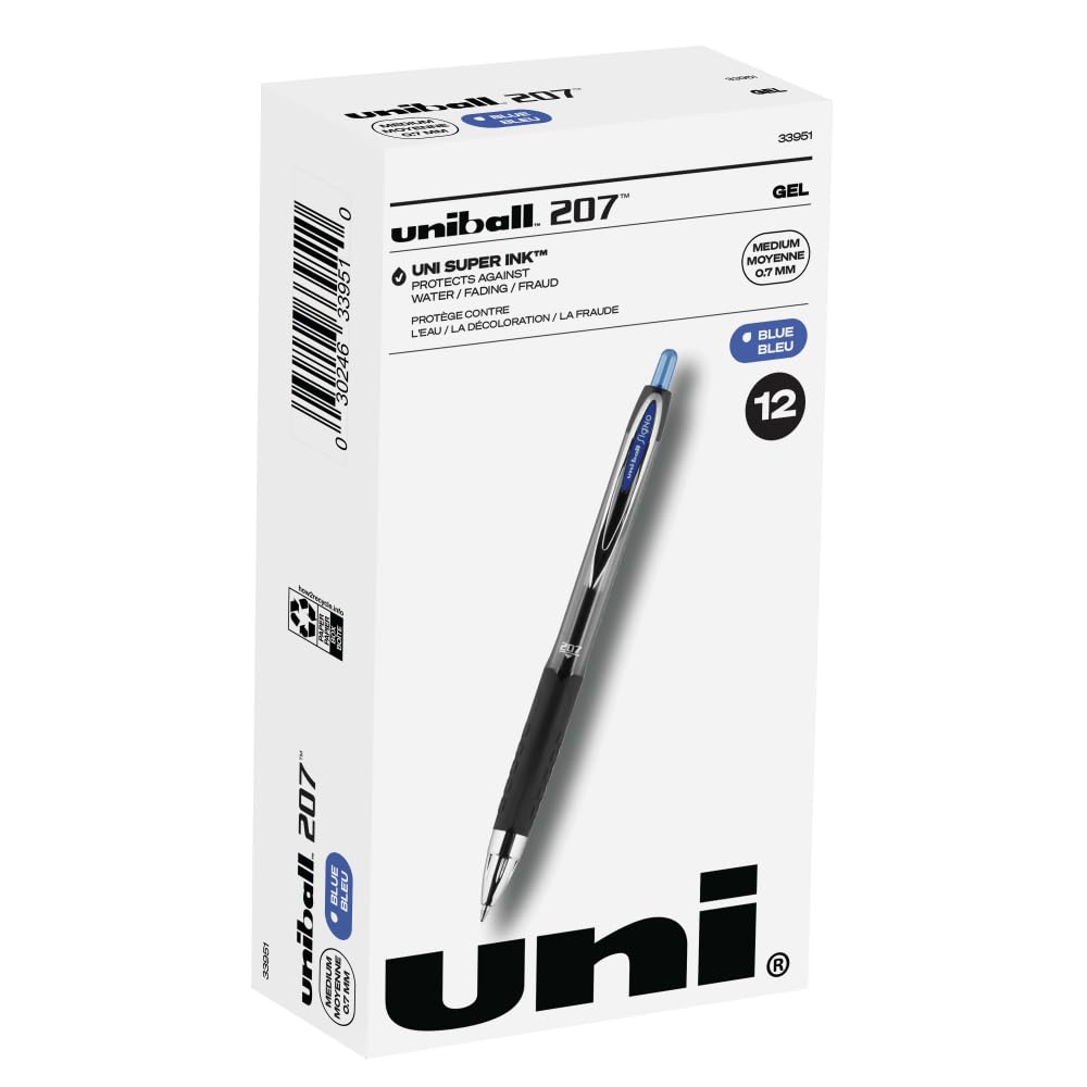 uni-ball 207 Retractable Gel Pens Medium Point, 0.7mm, Blue, 12 Pack