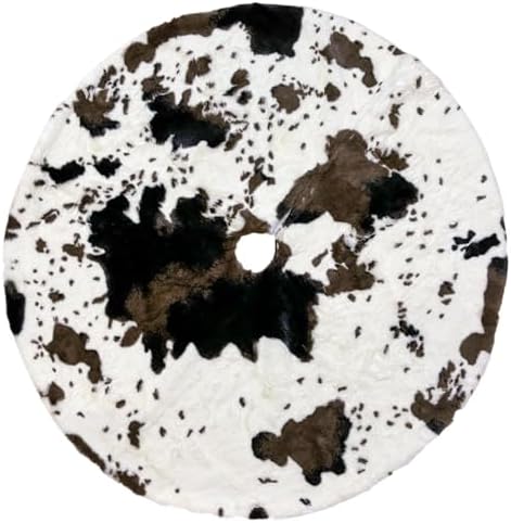 Cow Print Christmas Tree Skirt, 36 inches Western Cowhide Faux Fur Christmas Tree Skirt for Xmas New Year Home Party Decorations