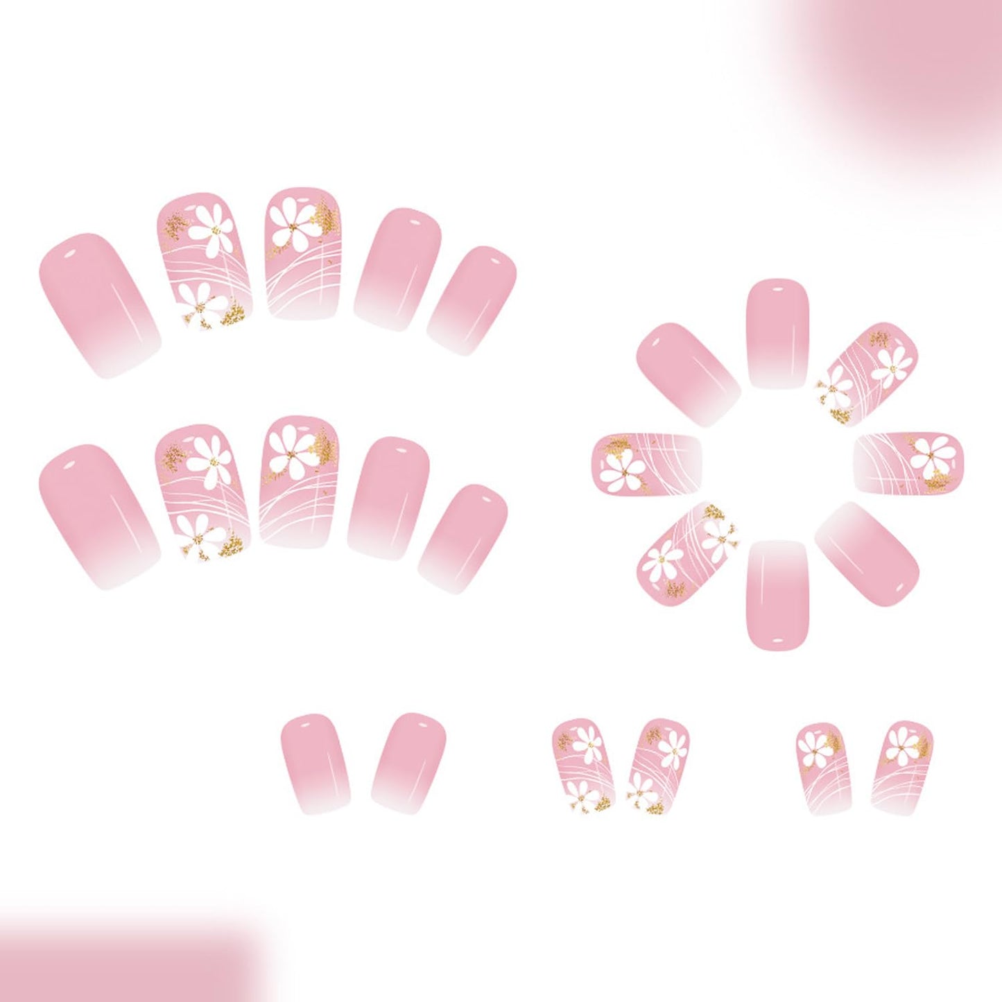 Square Press On Nails Short Fake Nails Flower Glitter With Gradient Design Pink False Nails Glossy Full Cover Artificial Reusable Stick On Nail Cute Acrylic Glue On Nail For Women Manicure Art 24pcs